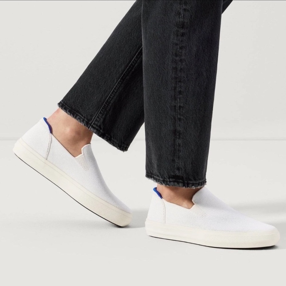 Rothy's The City Slip On Sneaker Womens 9.5 White Blue Trim Knit Classic Comfort - Picture 2 of 15